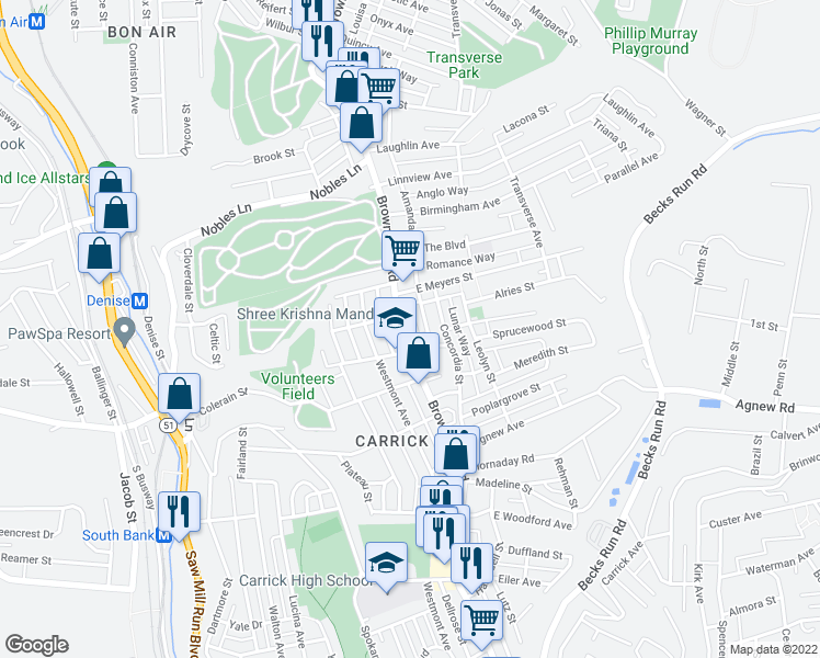 map of restaurants, bars, coffee shops, grocery stores, and more near 1607 Brownsville Road in Pittsburgh
