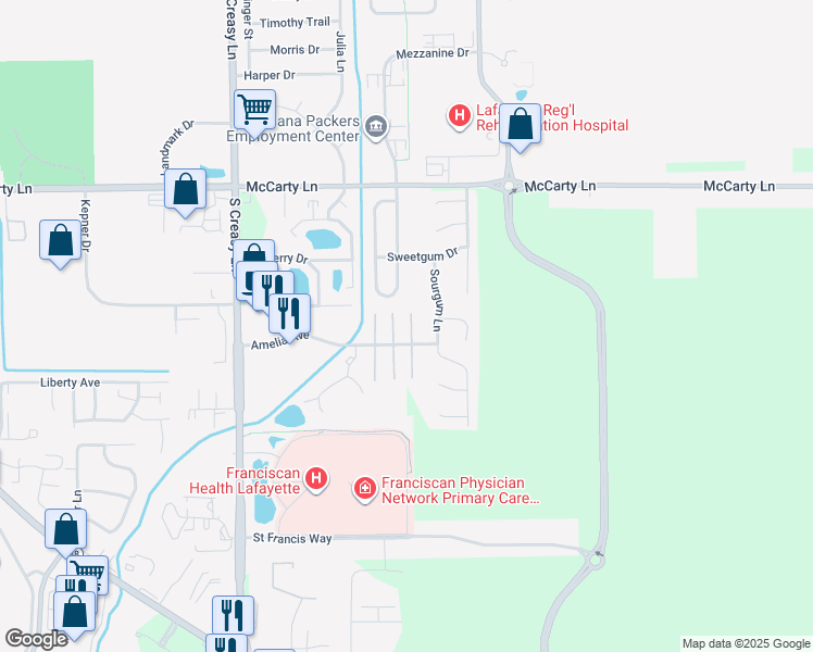 map of restaurants, bars, coffee shops, grocery stores, and more near 1125 Hornbeam Circle East in Lafayette