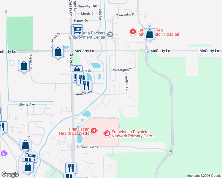 map of restaurants, bars, coffee shops, grocery stores, and more near 1124 Hornbeam Circle East in Lafayette