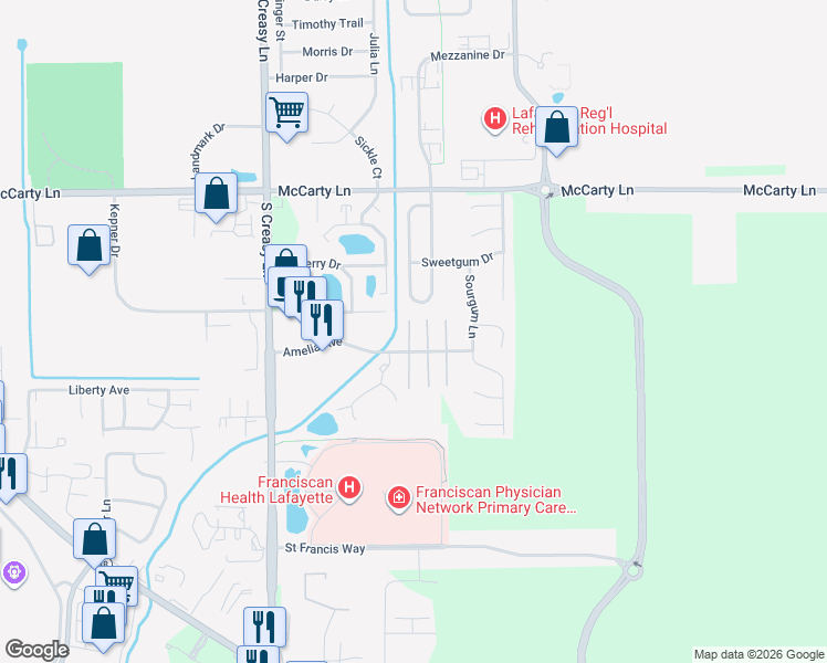 map of restaurants, bars, coffee shops, grocery stores, and more near 1124 Hornbeam Circle East in Lafayette