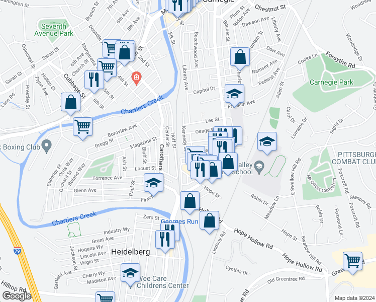 map of restaurants, bars, coffee shops, grocery stores, and more near 115 Boden Avenue in Carnegie
