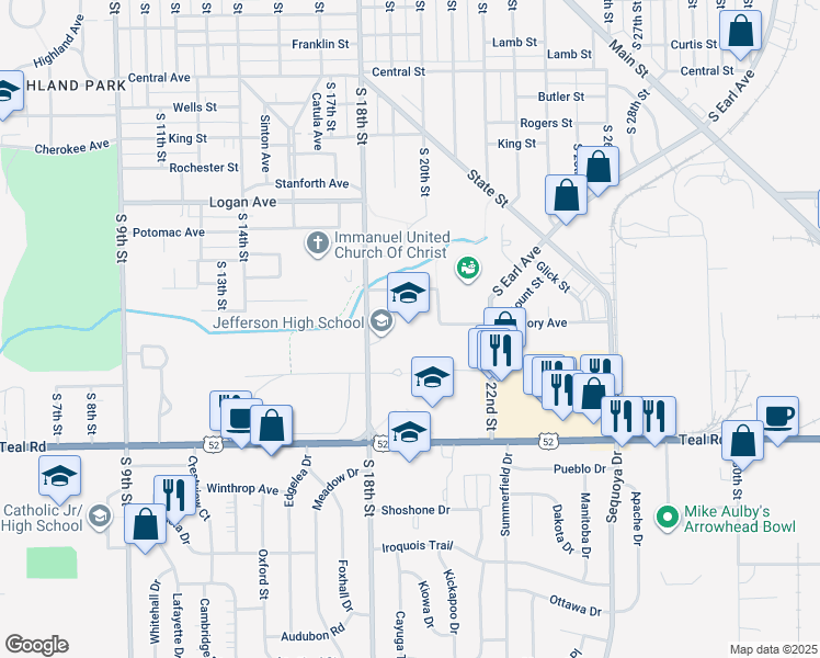 map of restaurants, bars, coffee shops, grocery stores, and more near 1801 South 18th Street in Lafayette
