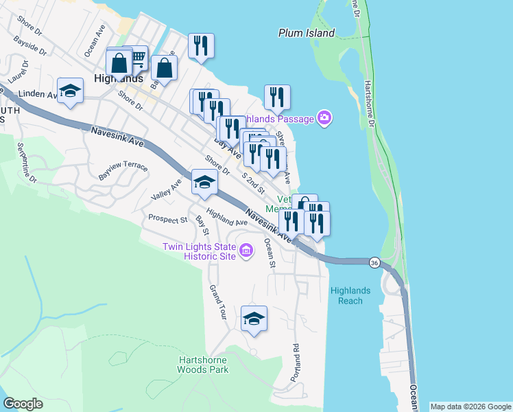 map of restaurants, bars, coffee shops, grocery stores, and more near 85 Bay Avenue in Highlands