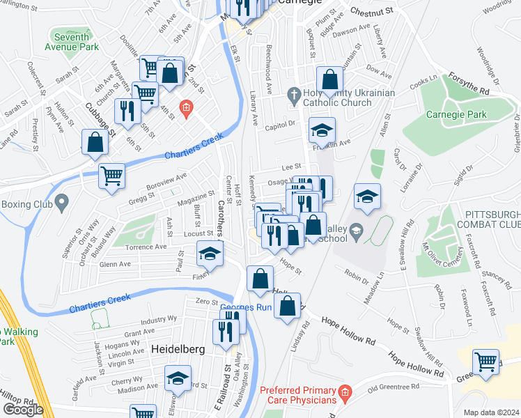 map of restaurants, bars, coffee shops, grocery stores, and more near 119 Boden Avenue in Carnegie