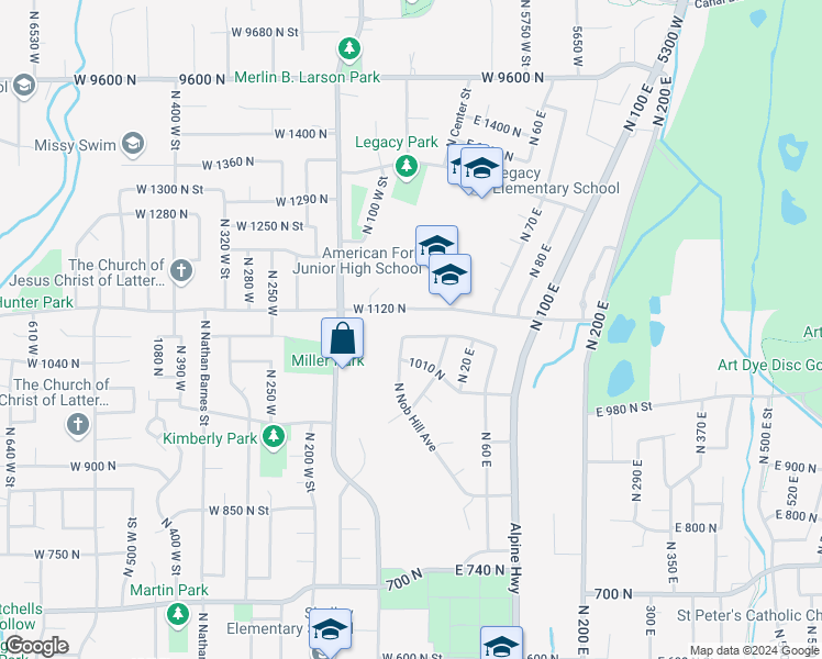 map of restaurants, bars, coffee shops, grocery stores, and more near 68 West 1080 North in American Fork