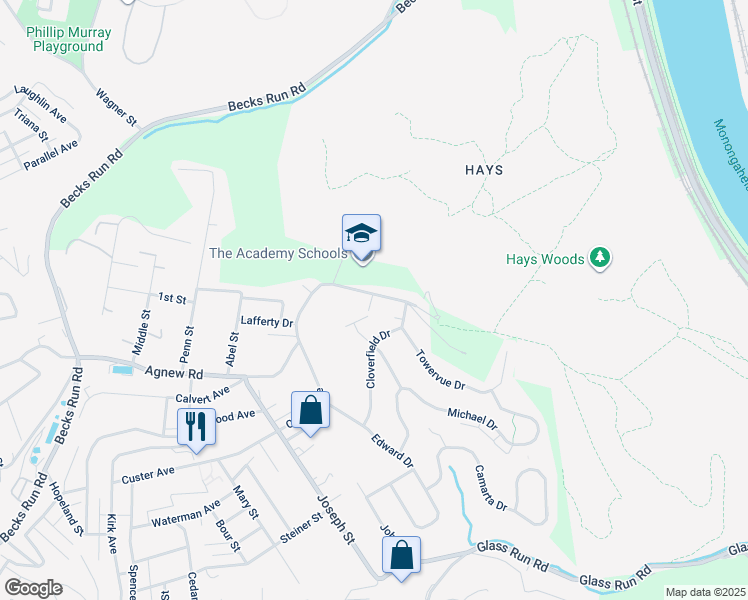 map of restaurants, bars, coffee shops, grocery stores, and more near 951 Agnew Road in Pittsburgh