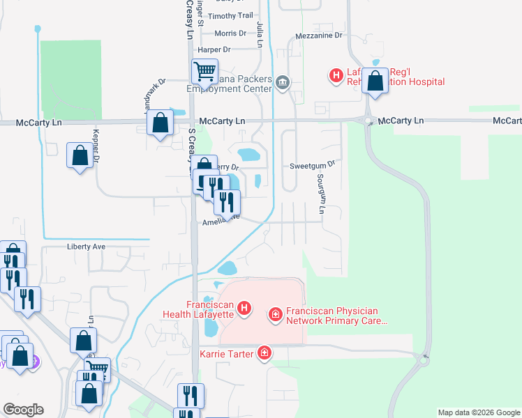 map of restaurants, bars, coffee shops, grocery stores, and more near Burberry Drive South in Lafayette