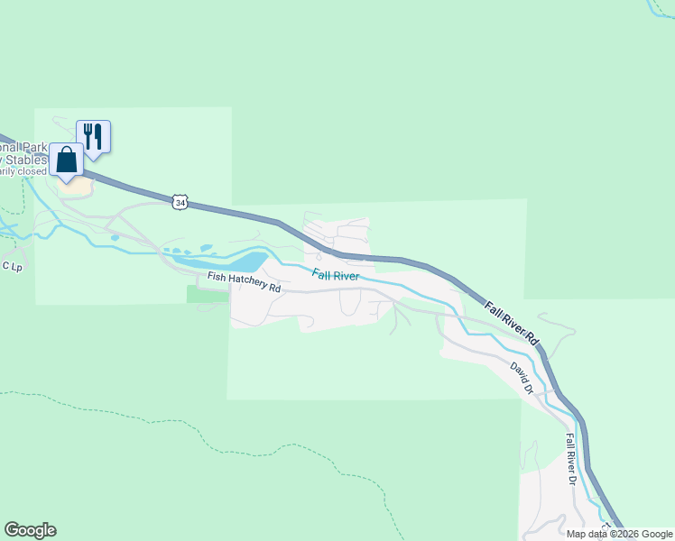 map of restaurants, bars, coffee shops, grocery stores, and more near 2864 Fall River Road in Estes Park