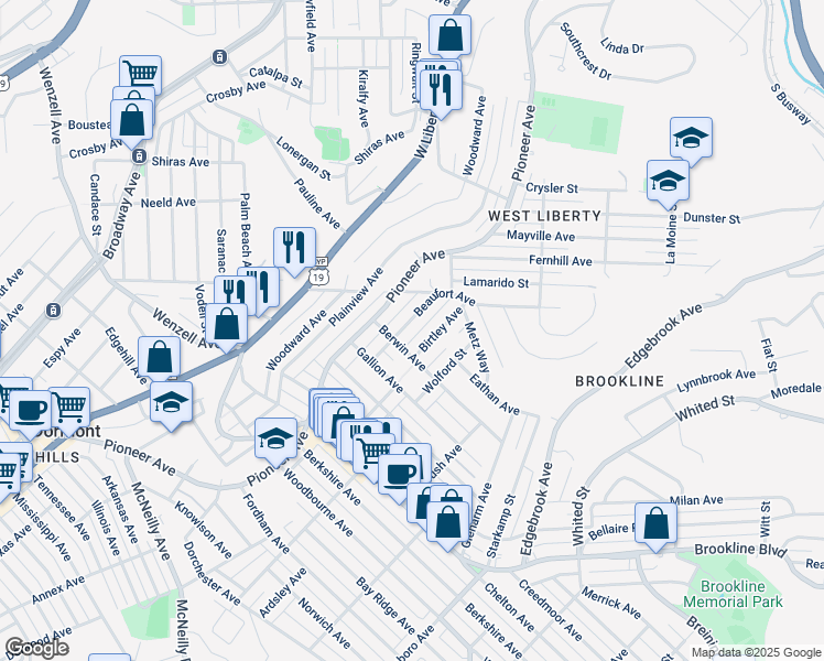 map of restaurants, bars, coffee shops, grocery stores, and more near 2323 Beaufort Avenue in Pittsburgh