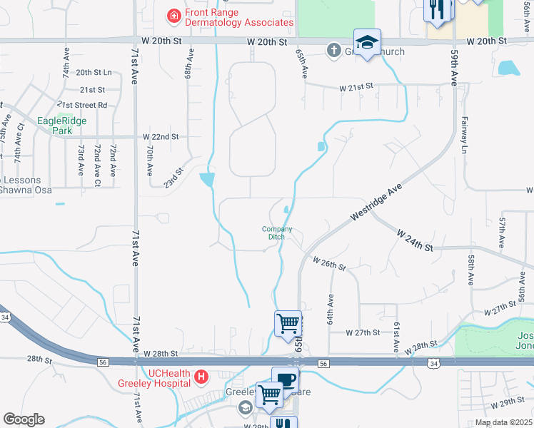 map of restaurants, bars, coffee shops, grocery stores, and more near 6524 West 24th Street Road in Greeley