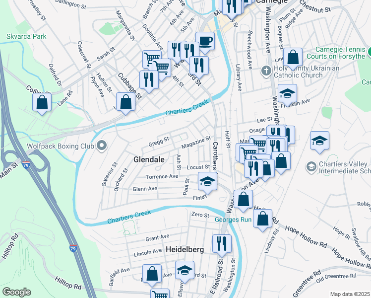 map of restaurants, bars, coffee shops, grocery stores, and more near 300 Magazine Street in Carnegie