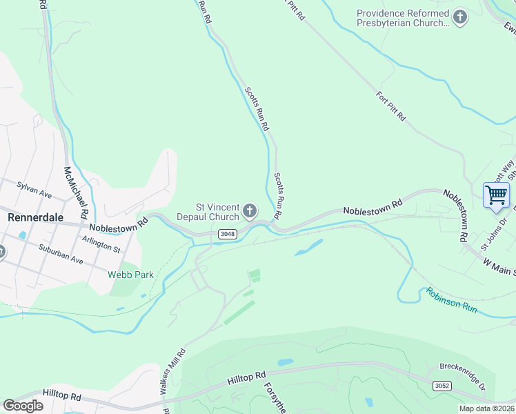 map of restaurants, bars, coffee shops, grocery stores, and more near 1 Scotts Run Road in Carnegie