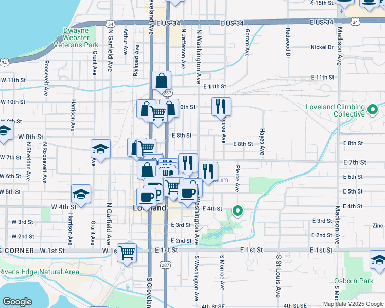 map of restaurants, bars, coffee shops, grocery stores, and more near in Loveland