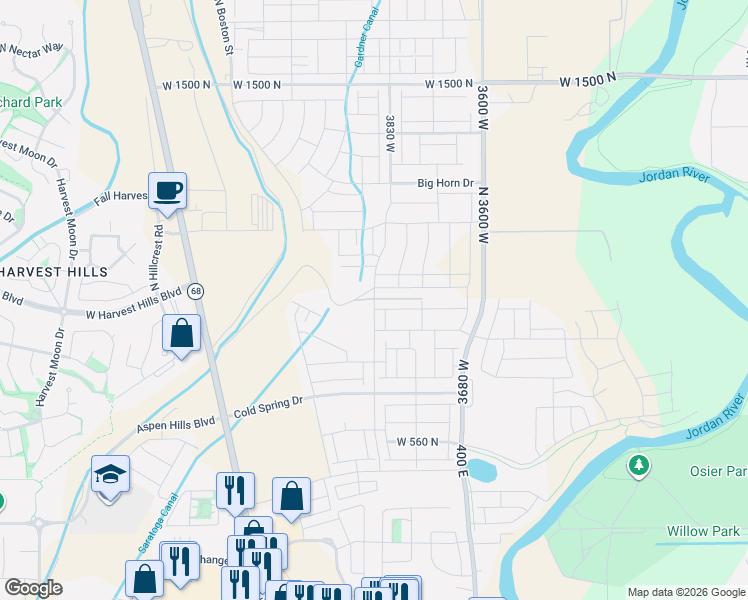 map of restaurants, bars, coffee shops, grocery stores, and more near Unnamed Road in Lehi