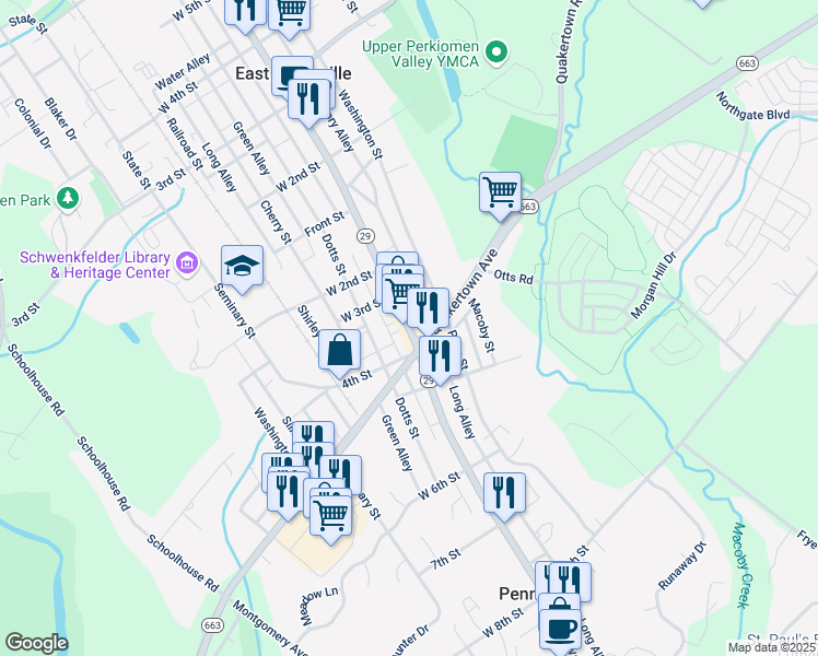 map of restaurants, bars, coffee shops, grocery stores, and more near 321 Main Street in Pennsburg