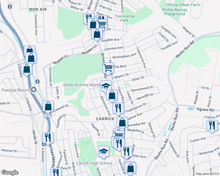map of restaurants, bars, coffee shops, grocery stores, and more near 1607 Brownsville Road in Pittsburgh