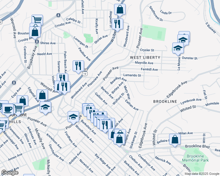 map of restaurants, bars, coffee shops, grocery stores, and more near 2323 Beaufort Avenue in Pittsburgh