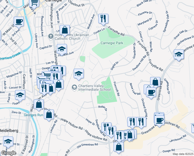 map of restaurants, bars, coffee shops, grocery stores, and more near 161 Grienbrier Drive in Carnegie