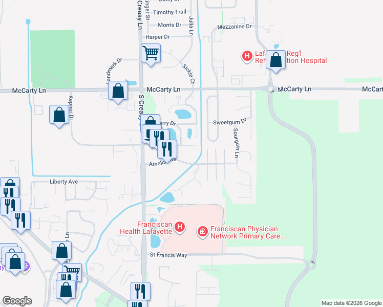 map of restaurants, bars, coffee shops, grocery stores, and more near Burberry Drive South in Lafayette
