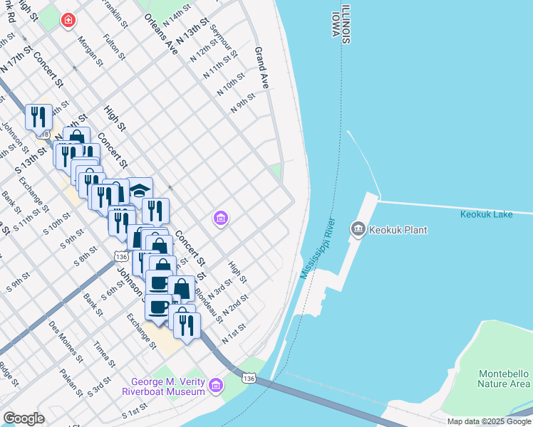 map of restaurants, bars, coffee shops, grocery stores, and more near 429 Franklin Street in Keokuk