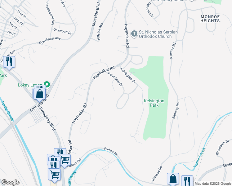 map of restaurants, bars, coffee shops, grocery stores, and more near 320 Penn Lear Court in Monroeville