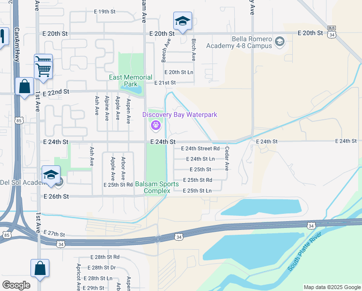 map of restaurants, bars, coffee shops, grocery stores, and more near 909 East 24th Street Road in Greeley