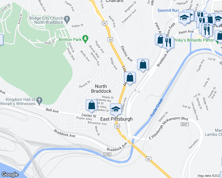 map of restaurants, bars, coffee shops, grocery stores, and more near 532 Ridge Avenue in East Pittsburgh