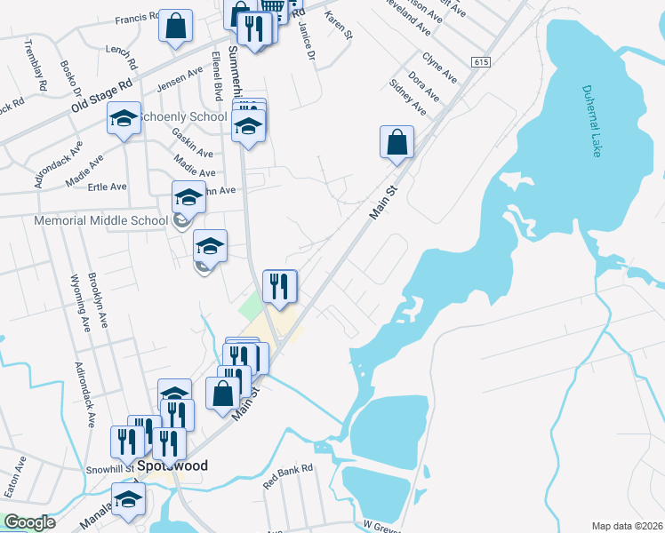 map of restaurants, bars, coffee shops, grocery stores, and more near 250 Main Street in Spotswood