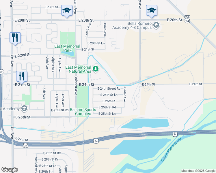 map of restaurants, bars, coffee shops, grocery stores, and more near 1024 East 24th Street in Greeley