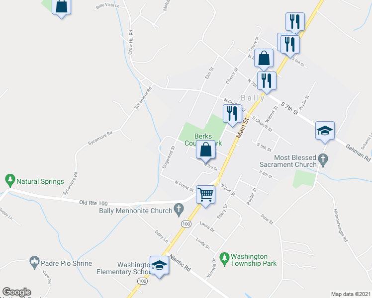 map of restaurants, bars, coffee shops, grocery stores, and more near 208 North 4th Street in Bally