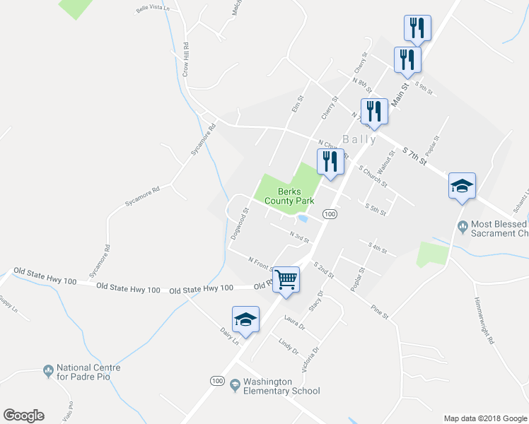 map of restaurants, bars, coffee shops, grocery stores, and more near 208 North 4th Street in Bally