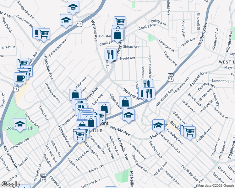 map of restaurants, bars, coffee shops, grocery stores, and more near 10 Wenzell Place in Pittsburgh