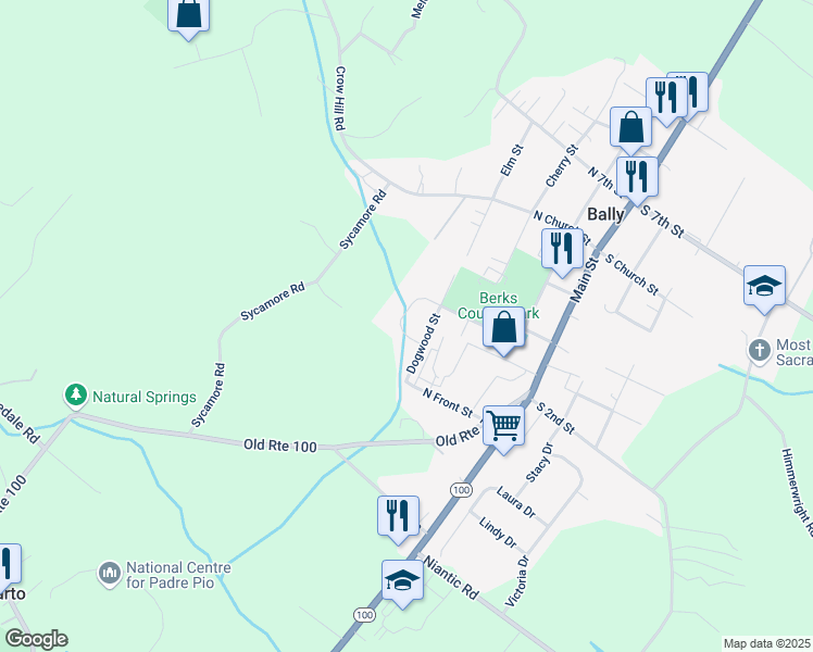map of restaurants, bars, coffee shops, grocery stores, and more near 120 Creamery Lane in Bally