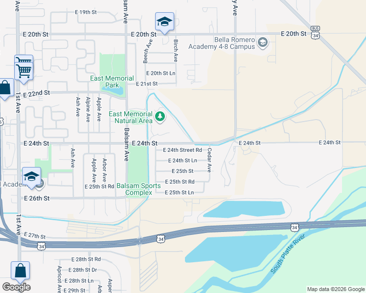 map of restaurants, bars, coffee shops, grocery stores, and more near 1024 East 24th Street in Greeley