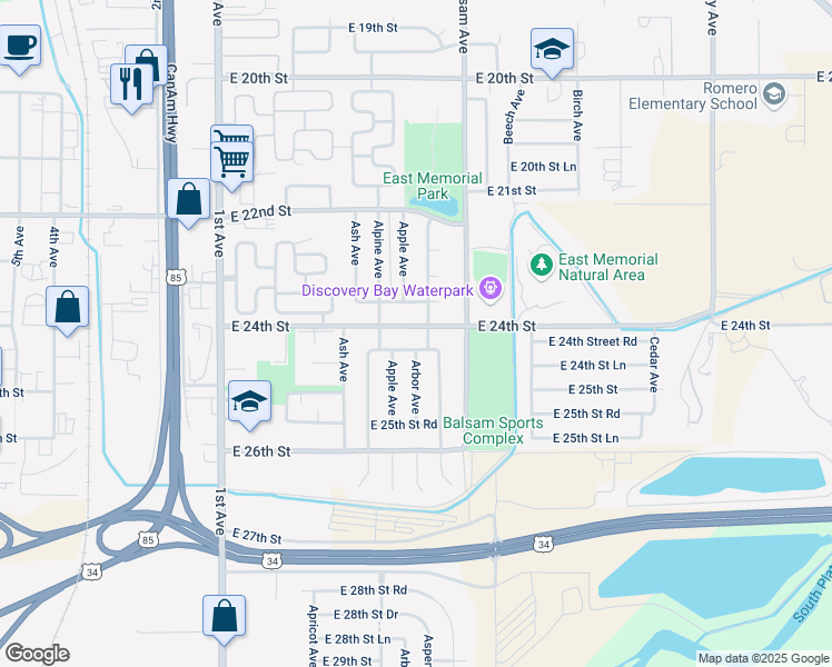 map of restaurants, bars, coffee shops, grocery stores, and more near 531 East 24th Street in Greeley