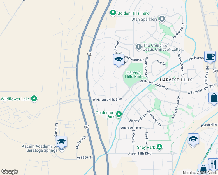 map of restaurants, bars, coffee shops, grocery stores, and more near 2036 North Elderberry Drive in Saratoga Springs