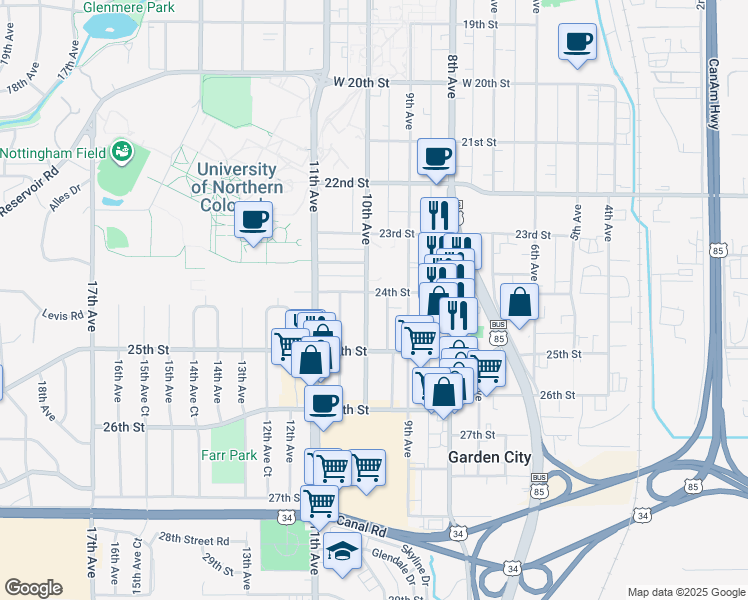 map of restaurants, bars, coffee shops, grocery stores, and more near 918 24th Street in Greeley