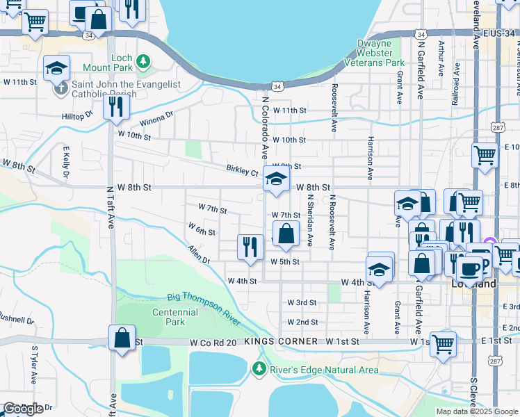 map of restaurants, bars, coffee shops, grocery stores, and more near 874 West 8th Street in Loveland