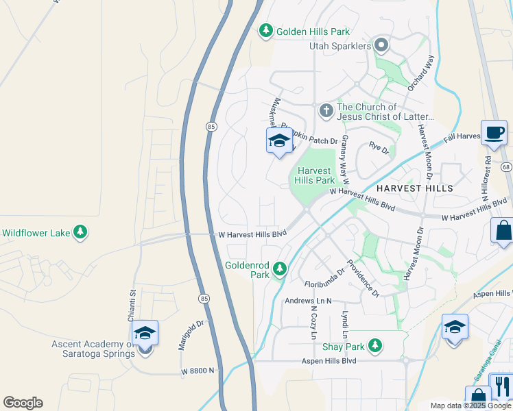 map of restaurants, bars, coffee shops, grocery stores, and more near 2036 North Elderberry Drive in Saratoga Springs