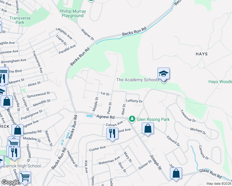 map of restaurants, bars, coffee shops, grocery stores, and more near 621 Lane Way in Pittsburgh