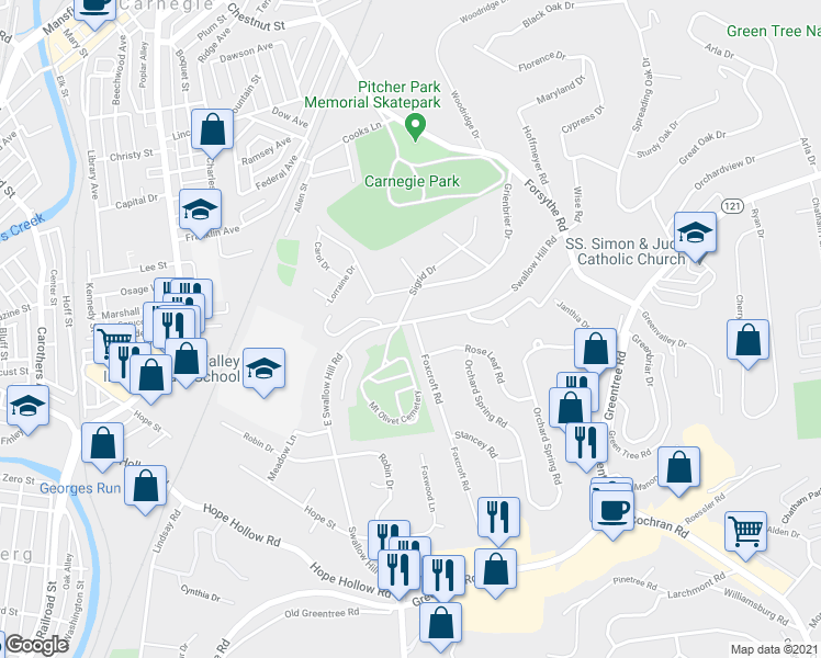 map of restaurants, bars, coffee shops, grocery stores, and more near 17 Sigrid Drive in Carnegie