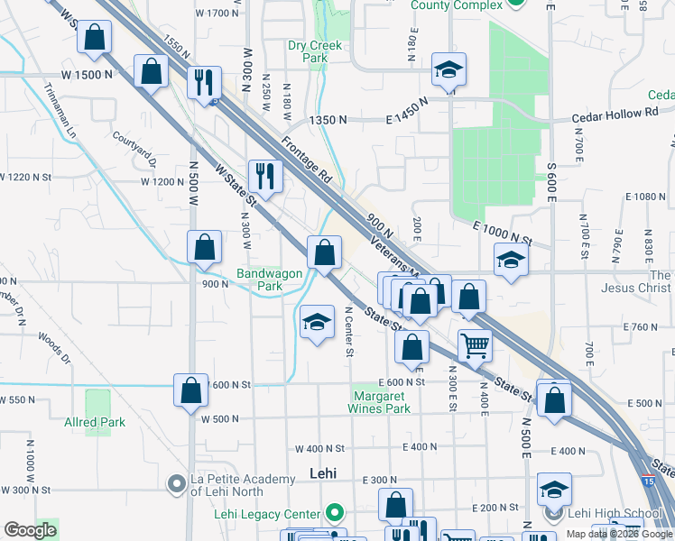 map of restaurants, bars, coffee shops, grocery stores, and more near 52 West State Street in Lehi