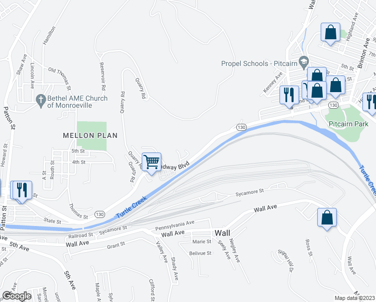 map of restaurants, bars, coffee shops, grocery stores, and more near 110 Monasedo Drive in Monroeville