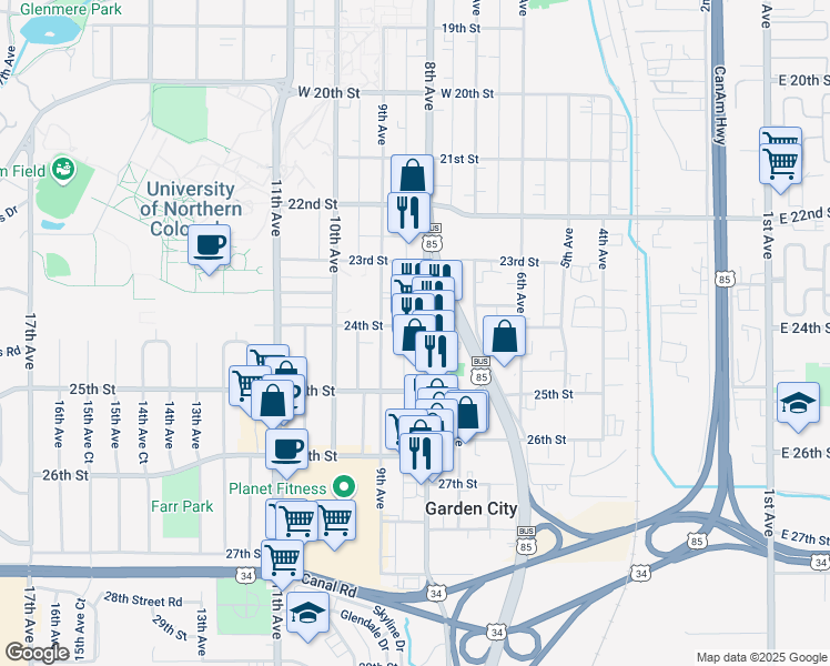 map of restaurants, bars, coffee shops, grocery stores, and more near 2324-2356 8th Avenue in Greeley