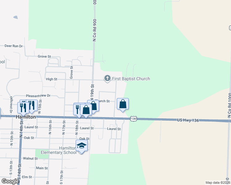 map of restaurants, bars, coffee shops, grocery stores, and more near 447 Oakcrest Drive in Hamilton
