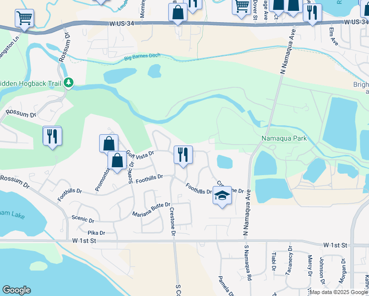 map of restaurants, bars, coffee shops, grocery stores, and more near 3877 Crestone Dr in Loveland