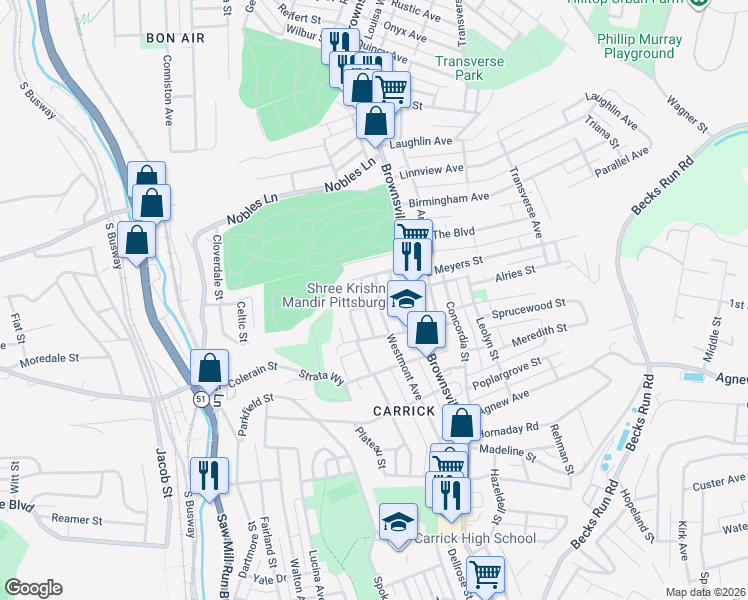 map of restaurants, bars, coffee shops, grocery stores, and more near 1612 Westmont Avenue in Pittsburgh