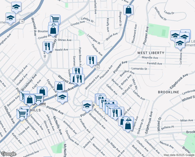 map of restaurants, bars, coffee shops, grocery stores, and more near 2445 Woodward Avenue in Pittsburgh