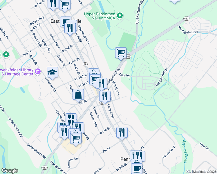 map of restaurants, bars, coffee shops, grocery stores, and more near 100 Quakertown Avenue in Pennsburg