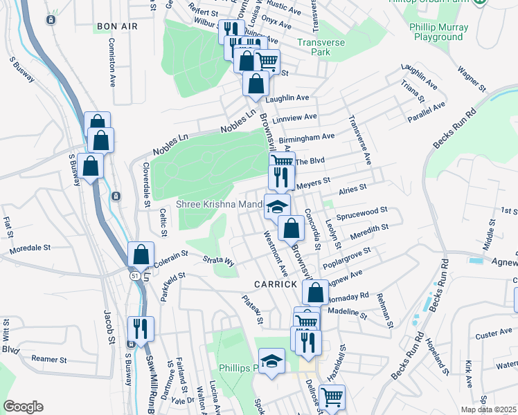 map of restaurants, bars, coffee shops, grocery stores, and more near 1612 Westmont Avenue in Pittsburgh